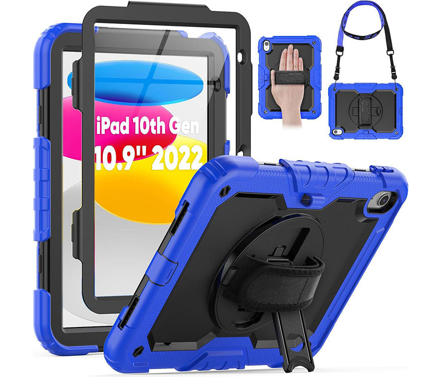 ArmorGuard Pro with rotating handstrap in blue (iPad 10.9" version shown)